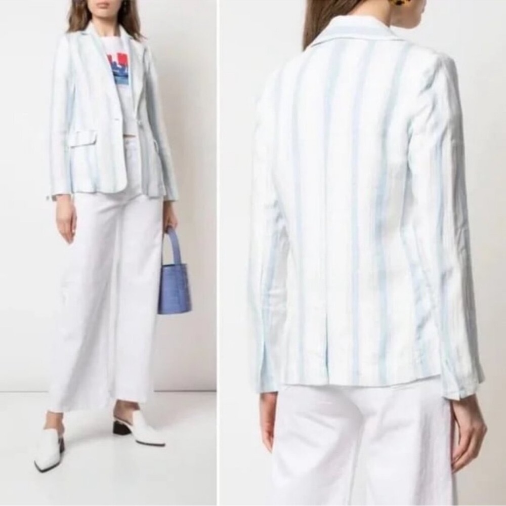 FRAME Denim !00% linen oversized blue white stripe blazer size 6